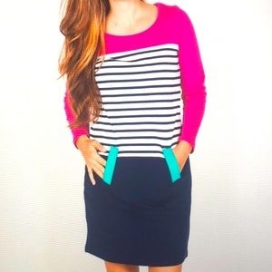 EUC Navy, white, hot pink & teal midi dress. SUPER CUTE 🥰 Size L